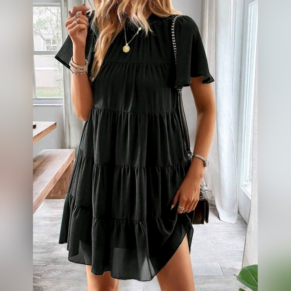* New Boho Chiffon Tiered Ruffle Short Sleeve Dress Tie Bow Back Black - Picture 4 of 8